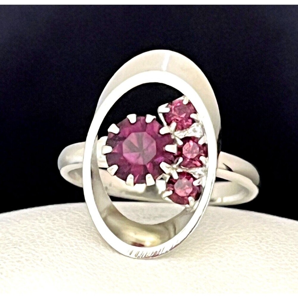 Vintage 1960s Cocktail Ring Purple Crystal Rhinestone Mid Century Modern - 4K